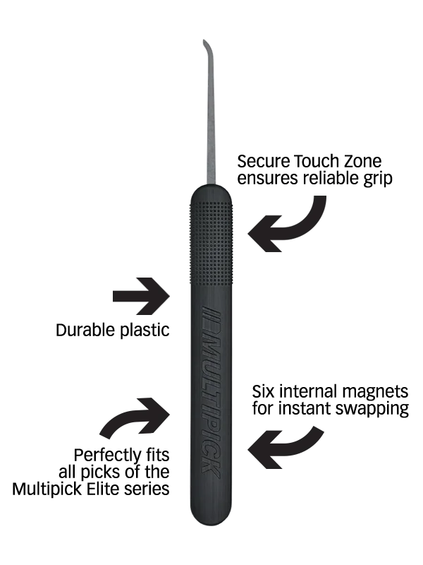 Multipick single lockpick with magnetic handle and Secure Touch texture – arrows show special product features