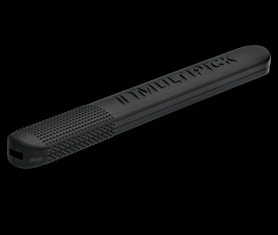 Black ELITE HILO grip by Multipick with anti-slip Secure Touch zone and embossed logo, on a black background